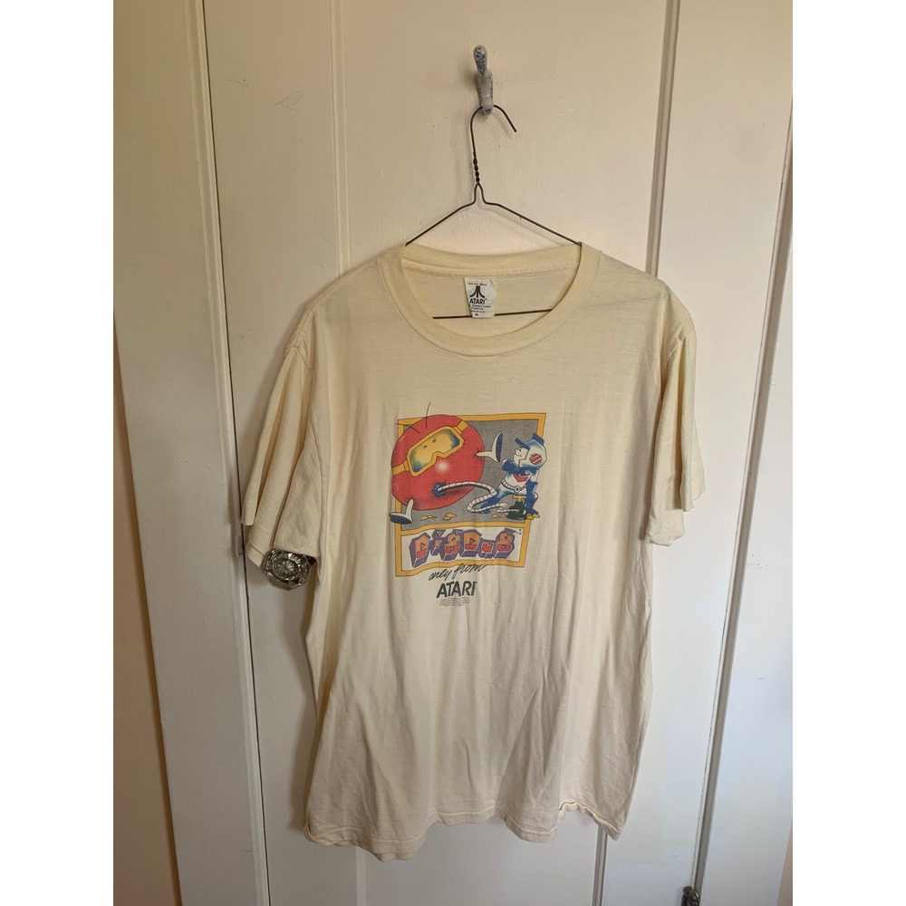 Vintage Atari Dig Dug T-Shirt XL Cream 1983 Promo Video Game Single Stitch Rare